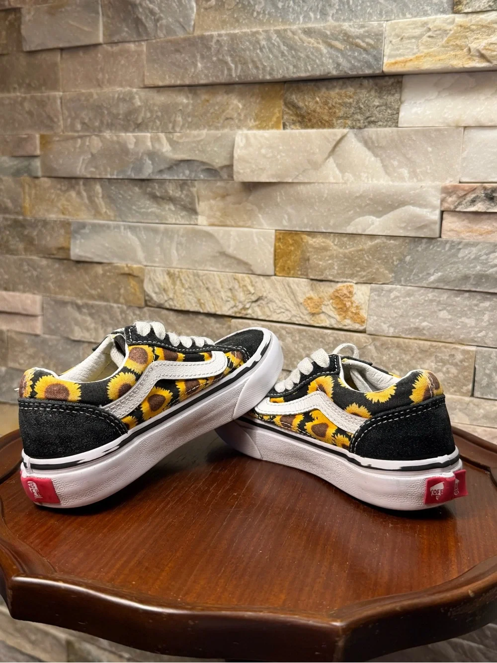 Girls Sz 11 Vans Old Skool Black Yellow Sunflower Skater Sneakers Shoe EUC